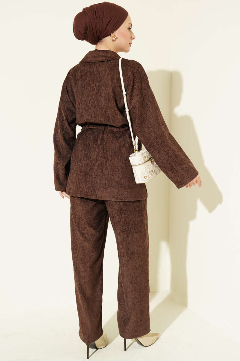 Gold Buttoned Two-Piece Set with Elastic Waist Brown - الصورة 3