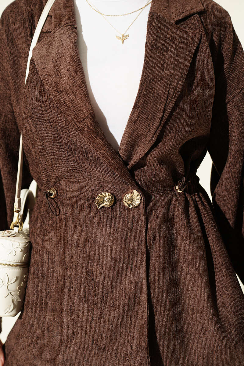 Gold Buttoned Two-Piece Set with Elastic Waist Brown - الصورة 4