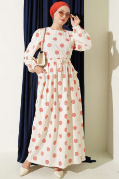 Belted Circle Pattern Dress Beige