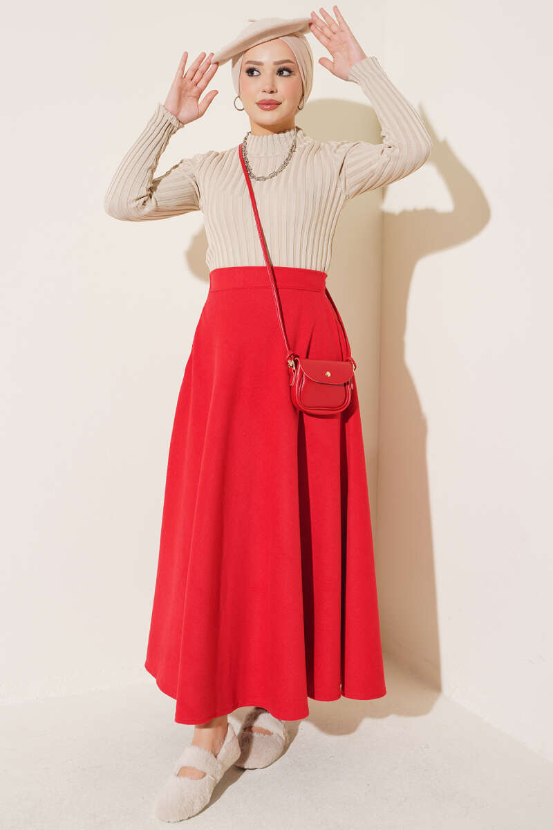 High-Waisted Flared Wool Blend Skirt with Elastic Waistband Red - الصورة 2