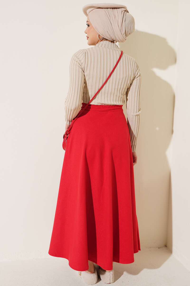 High-Waisted Flared Wool Blend Skirt with Elastic Waistband Red - الصورة 3