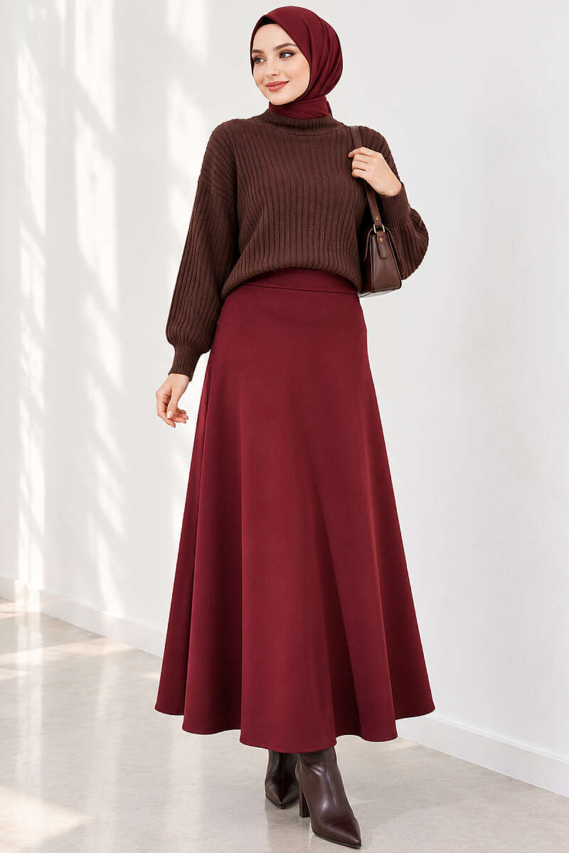 Elastic Waist Flared Scuba Knit Hem Edge Skirt Burgundy - Image 2