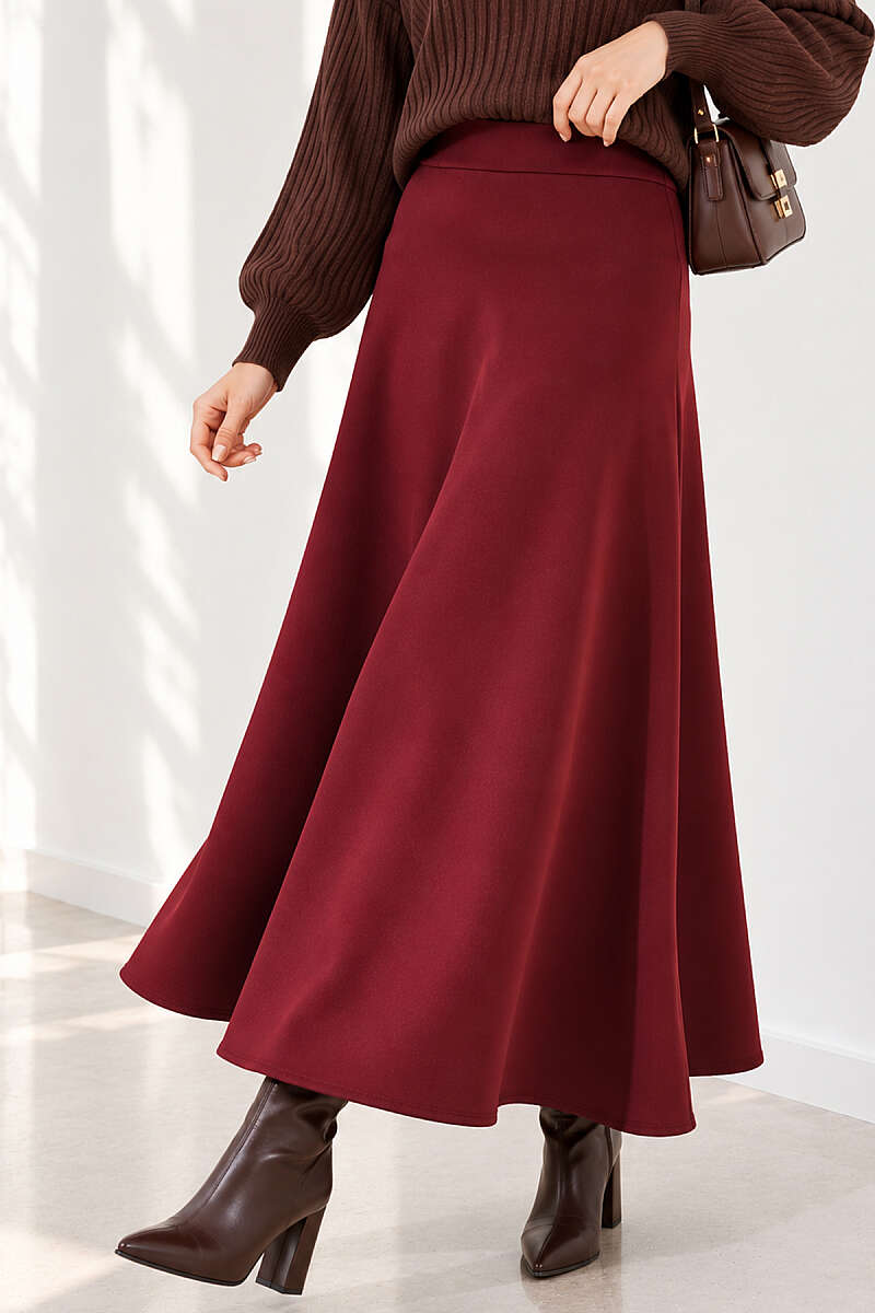 Elastic Waist Flared Scuba Knit Hem Edge Skirt Burgundy - Image 3