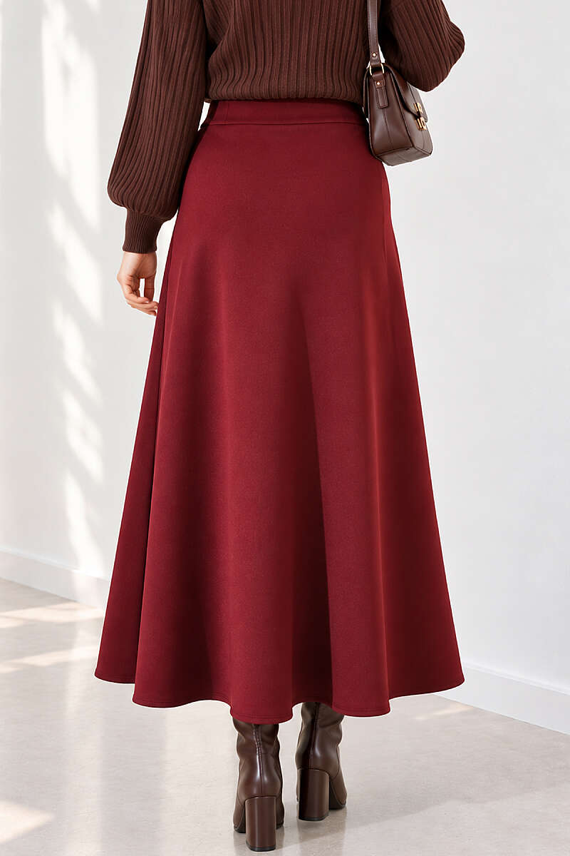 Elastic Waist Flared Scuba Knit Hem Edge Skirt Burgundy - Image 4