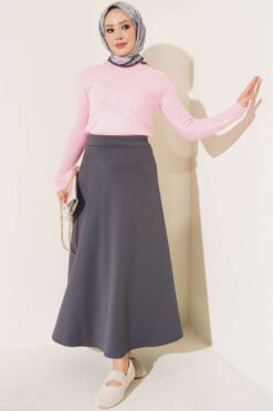 Alternative view of Elastic Waist Flared Scuba Knit Hem Edge Skirt Smoke
