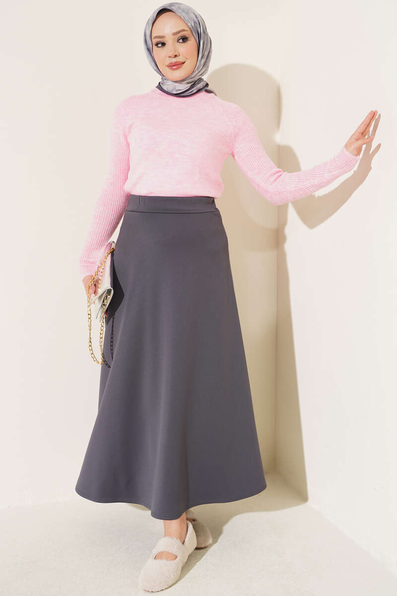Elastic Waist Flared Scuba Knit Hem Edge Skirt Smoke - الصورة 2