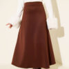 Elastic Waist Flared Scuba Knit Hem Edge Skirt Brown