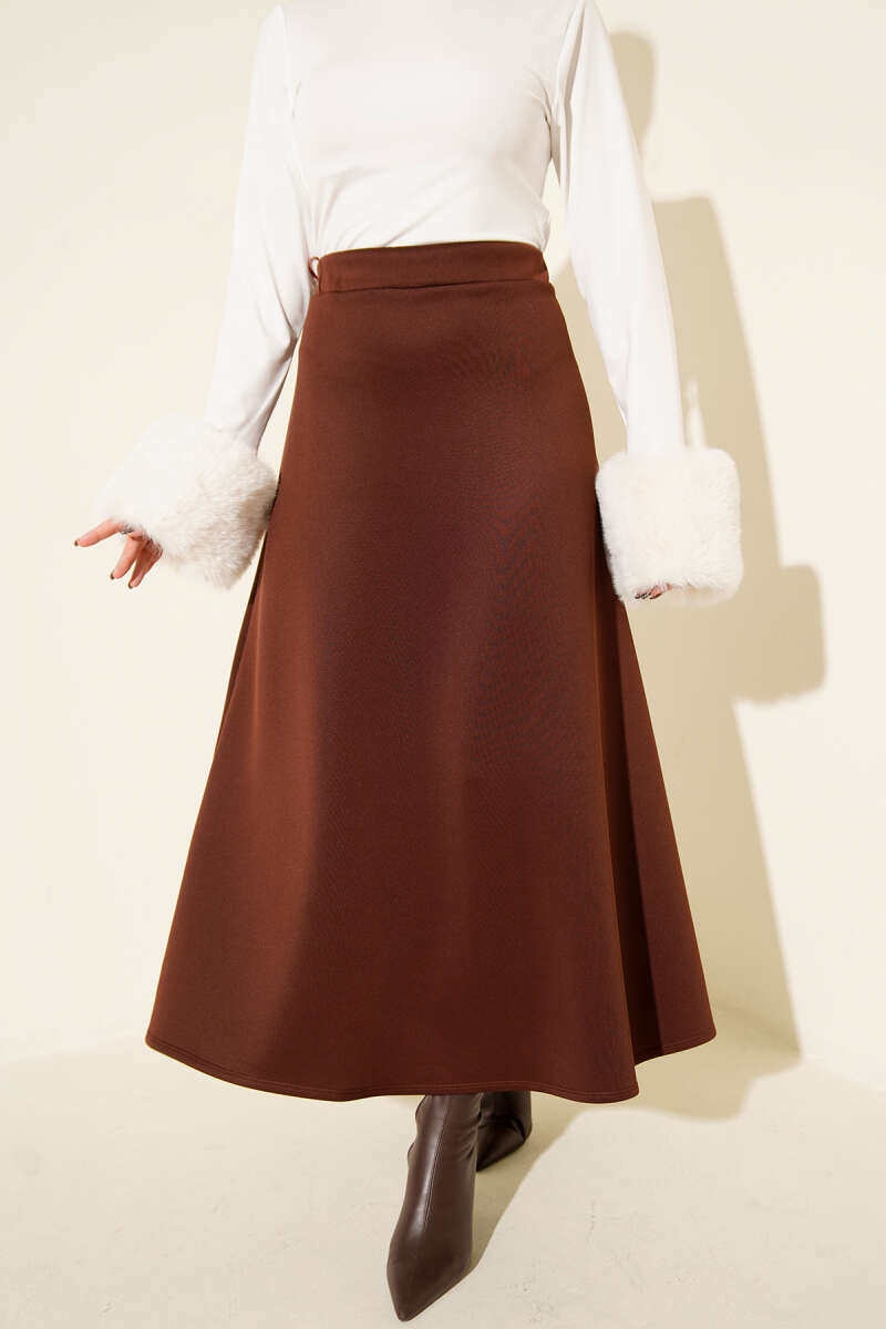 Elastic Waist Flared Scuba Knit Hem Edge Skirt Brown