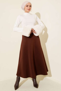 Alternative view of Elastic Waist Flared Scuba Knit Hem Edge Skirt Brown