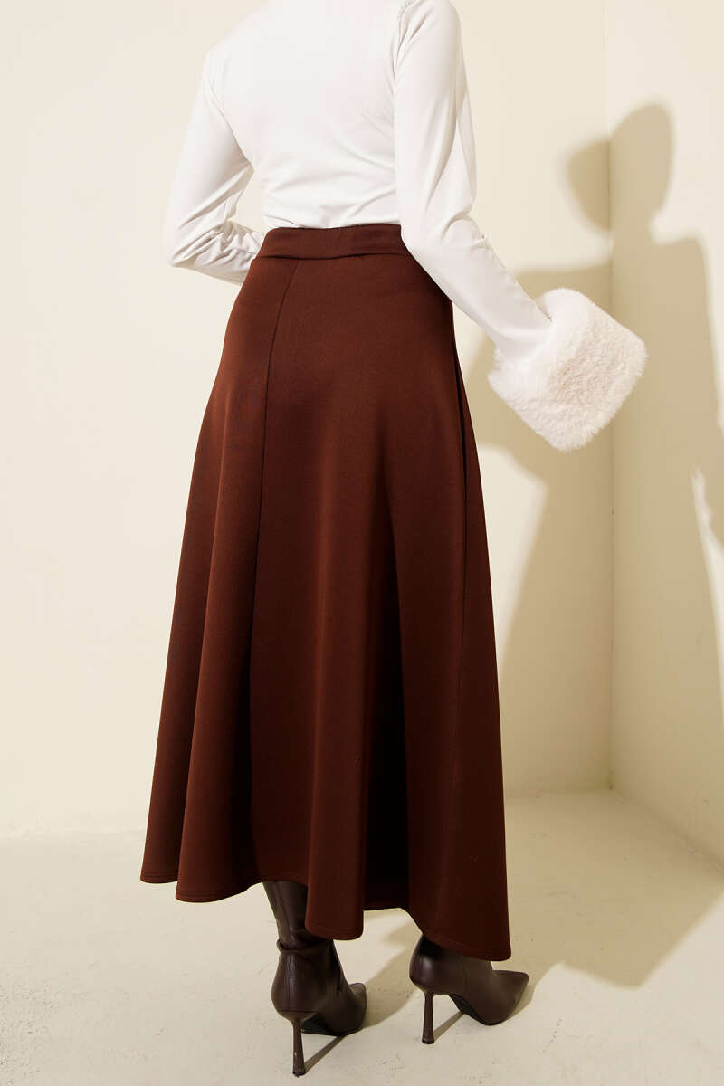 Elastic Waist Flared Scuba Knit Hem Edge Skirt Brown - الصورة 3