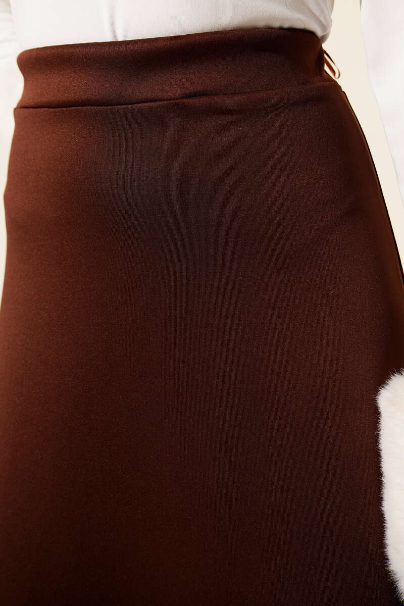 Elastic Waist Flared Scuba Knit Hem Edge Skirt Brown - الصورة 4