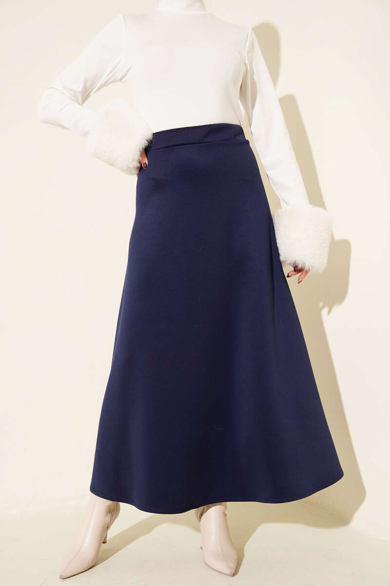 Elastic Waist Flared Scuba Knit Hem Edge Skirt Navy Blue