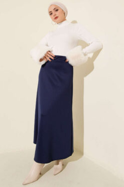 Alternative view of Elastic Waist Flared Scuba Knit Hem Edge Skirt Navy Blue