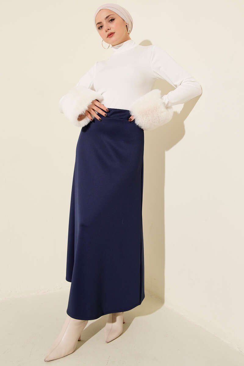 Elastic Waist Flared Scuba Knit Hem Edge Skirt Navy Blue - الصورة 2