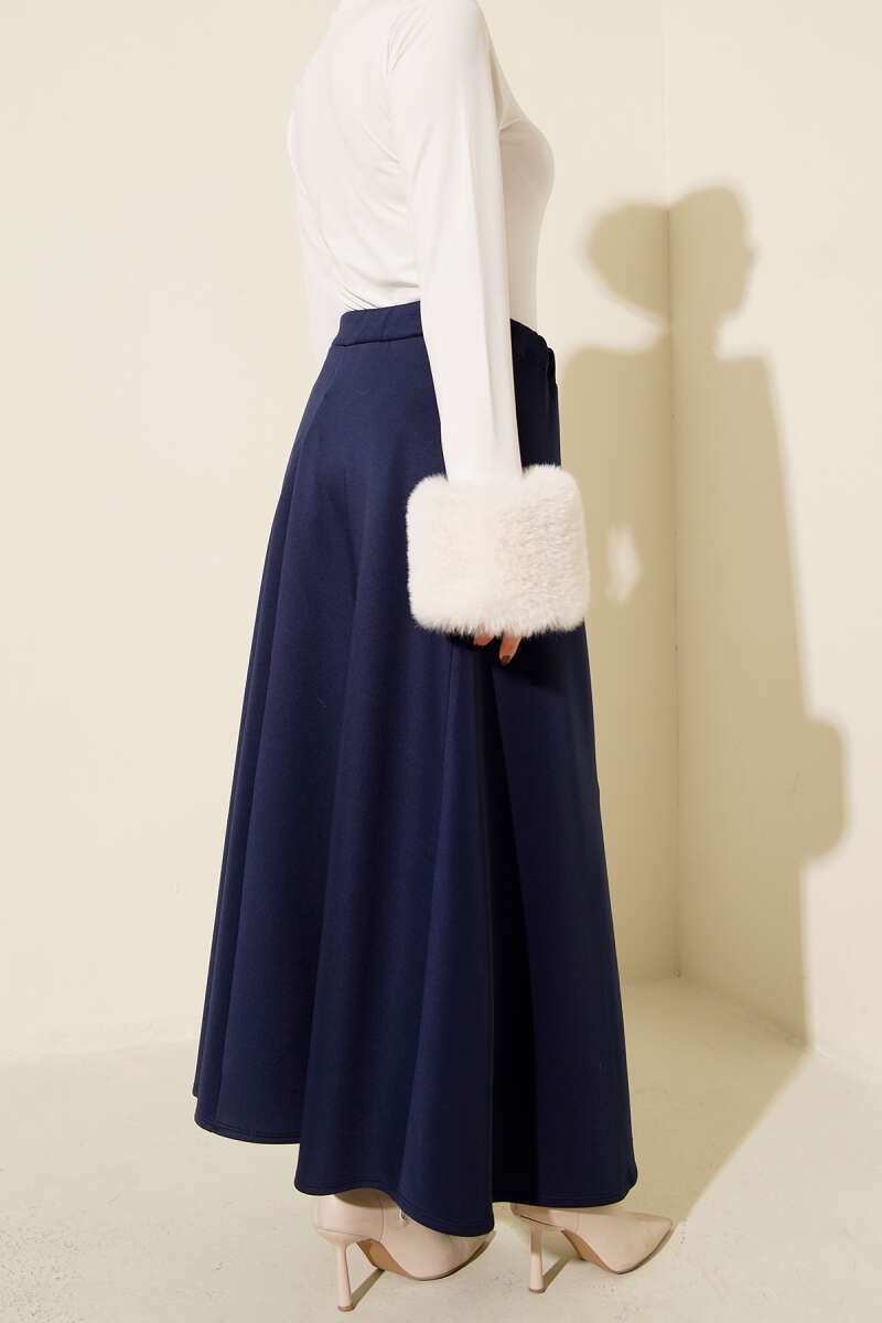 Elastic Waist Flared Scuba Knit Hem Edge Skirt Navy Blue - الصورة 3