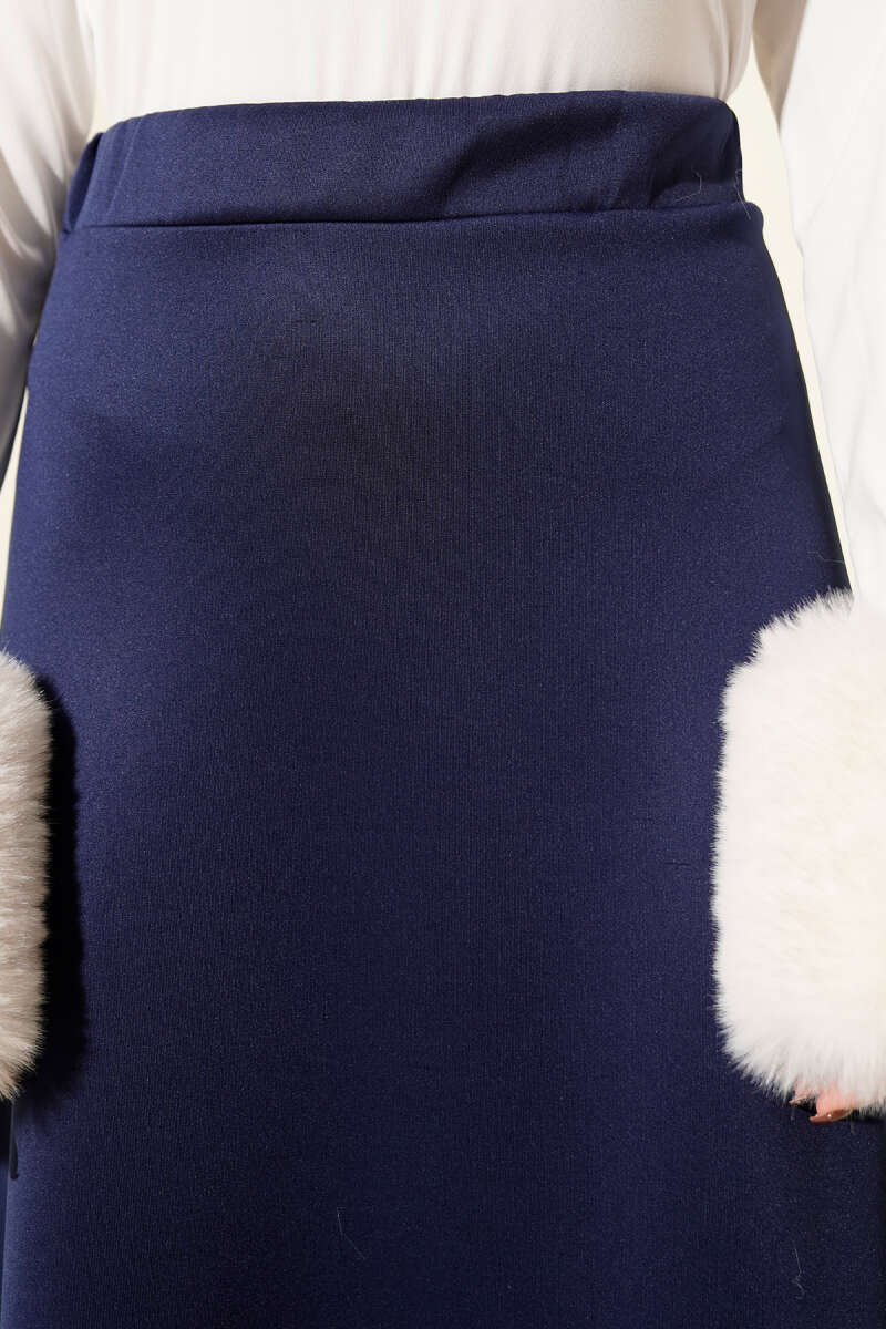 Elastic Waist Flared Scuba Knit Hem Edge Skirt Navy Blue - الصورة 4