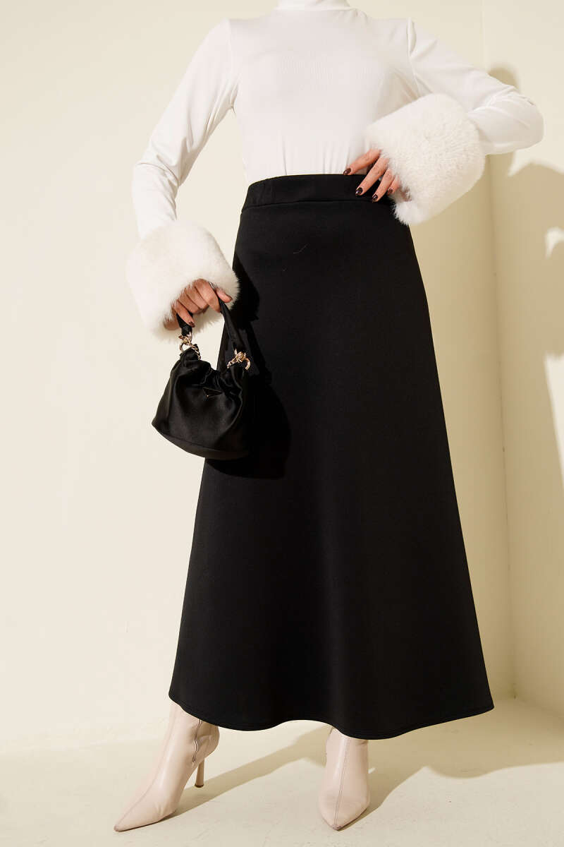 Elastic Waist Flared Scuba Knit Hem Edge Skirt Black