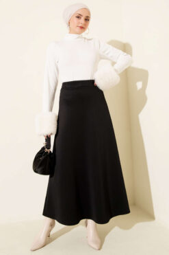 Alternative view of Elastic Waist Flared Scuba Knit Hem Edge Skirt Black