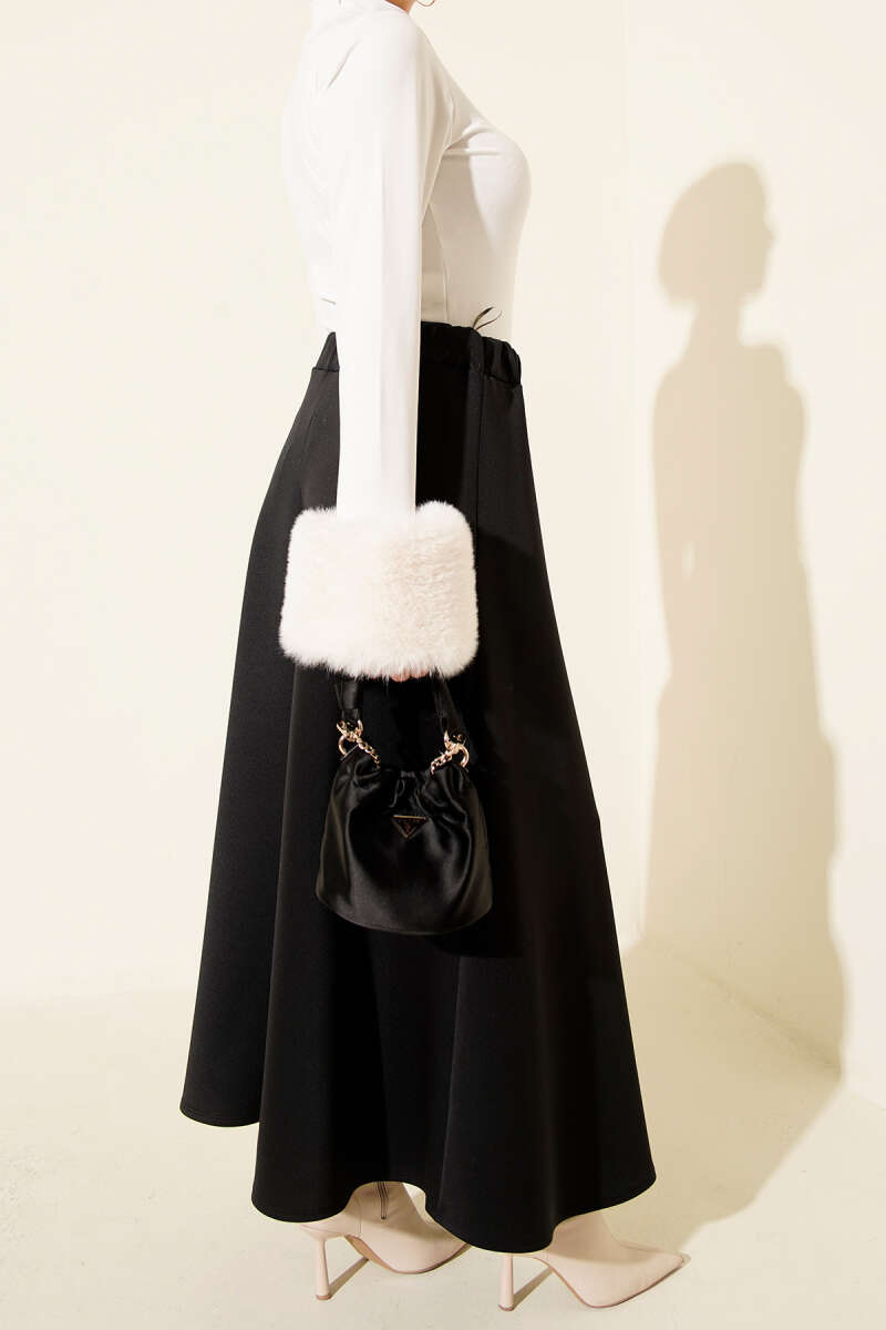 Elastic Waist Flared Scuba Knit Hem Edge Skirt Black - الصورة 3