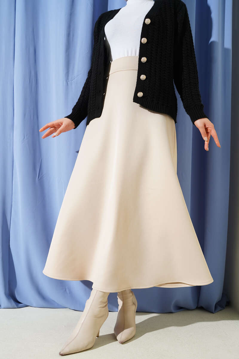 Belted Scuba Flared Skirt Beige