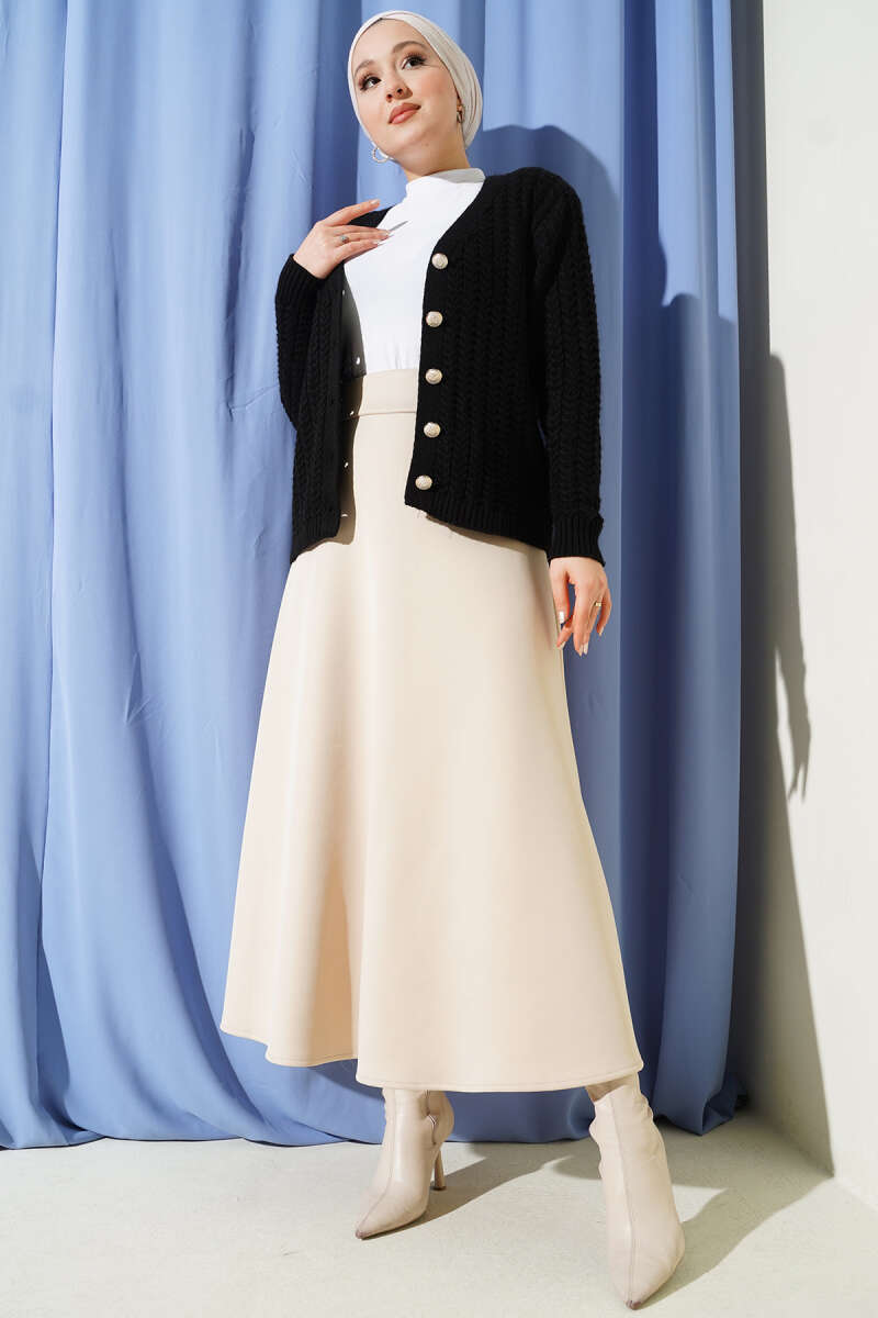 Belted Scuba Flared Skirt Beige - الصورة 2