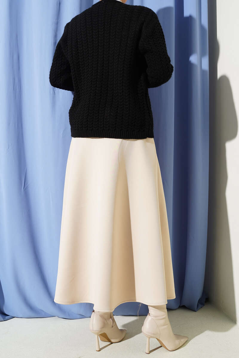 Belted Scuba Flared Skirt Beige - الصورة 3