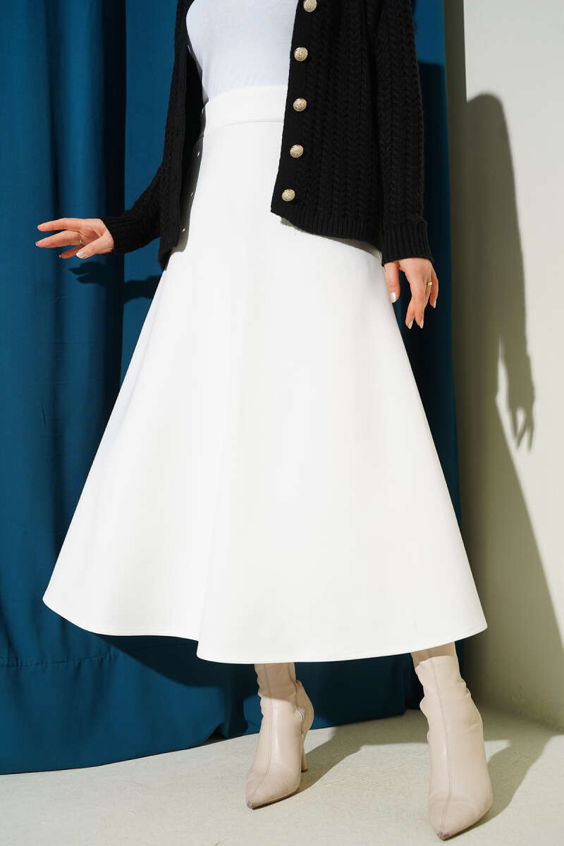 Belted Scuba Flared Skirt White