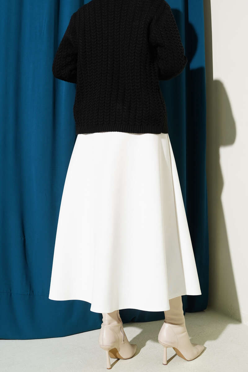 Belted Scuba Flared Skirt White - الصورة 3