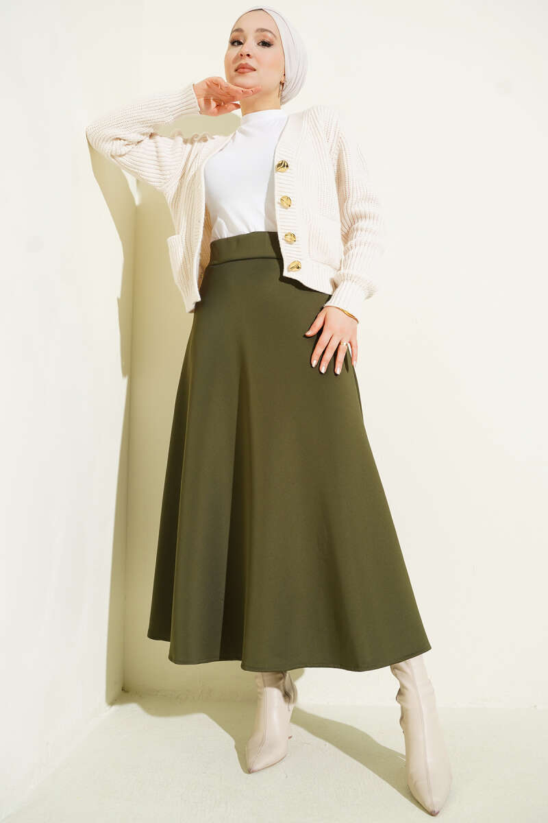 Belted Scuba Flared Skirt Khaki - Image 2