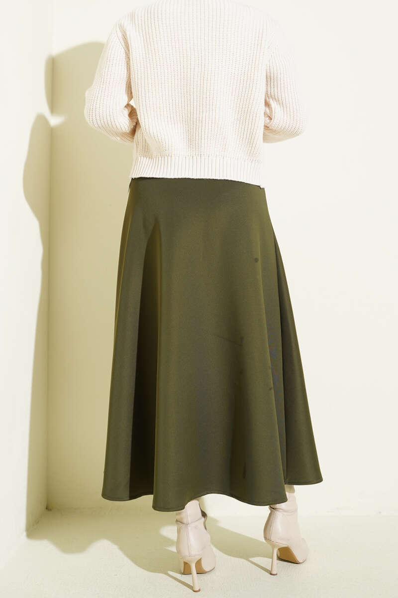 Belted Scuba Flared Skirt Khaki - Image 3