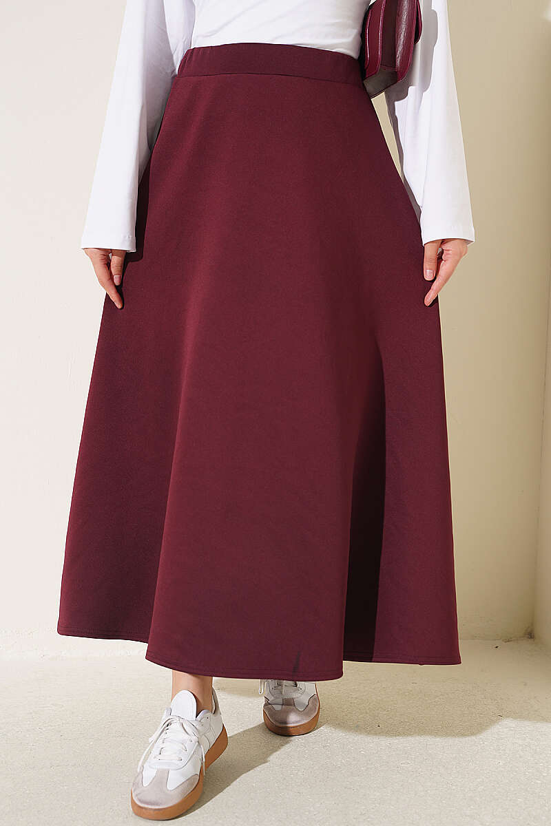 Elastic Waist Scuba Flared Skirt Plum