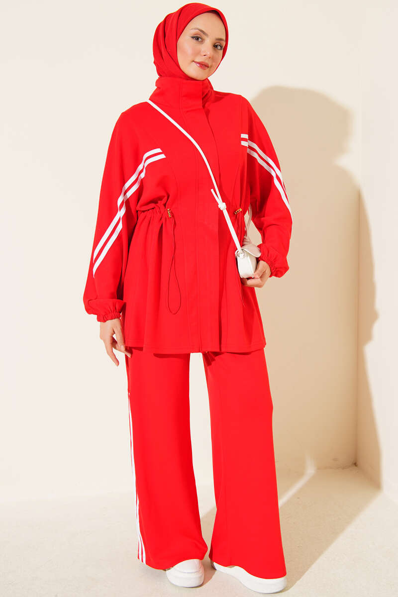 Elastic Waistband Two-Piece Set with Stripe Details Red