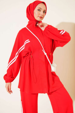 Alternative view of Elastic Waistband Two-Piece Set with Stripe Details Red