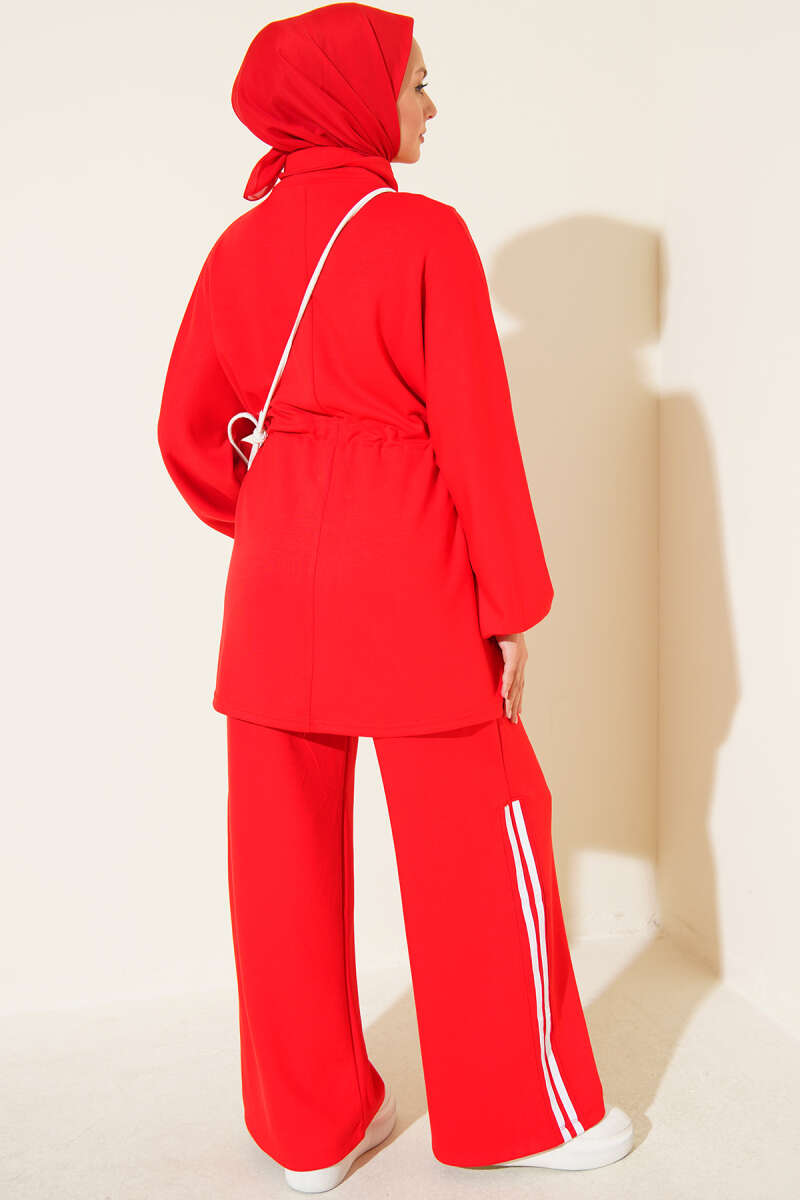 Elastic Waistband Two-Piece Set with Stripe Details Red – Bild 4