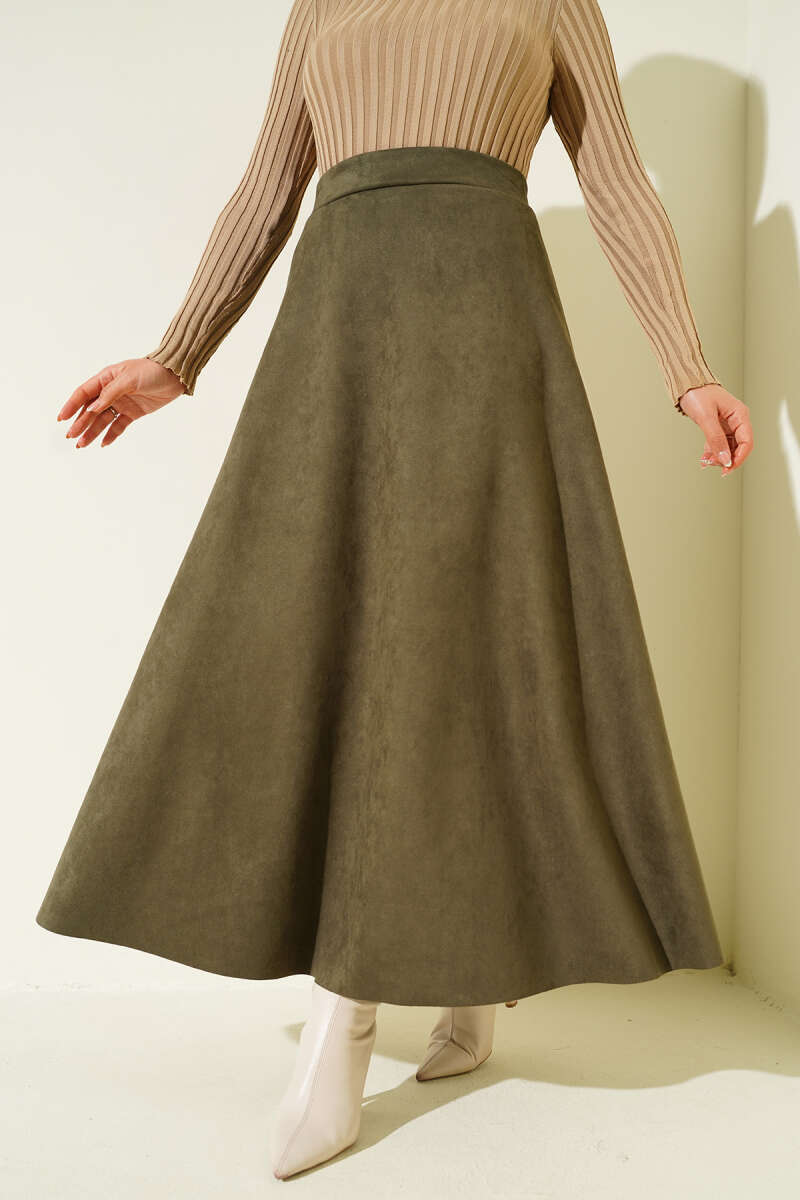 Belted Suede Skirt Khaki