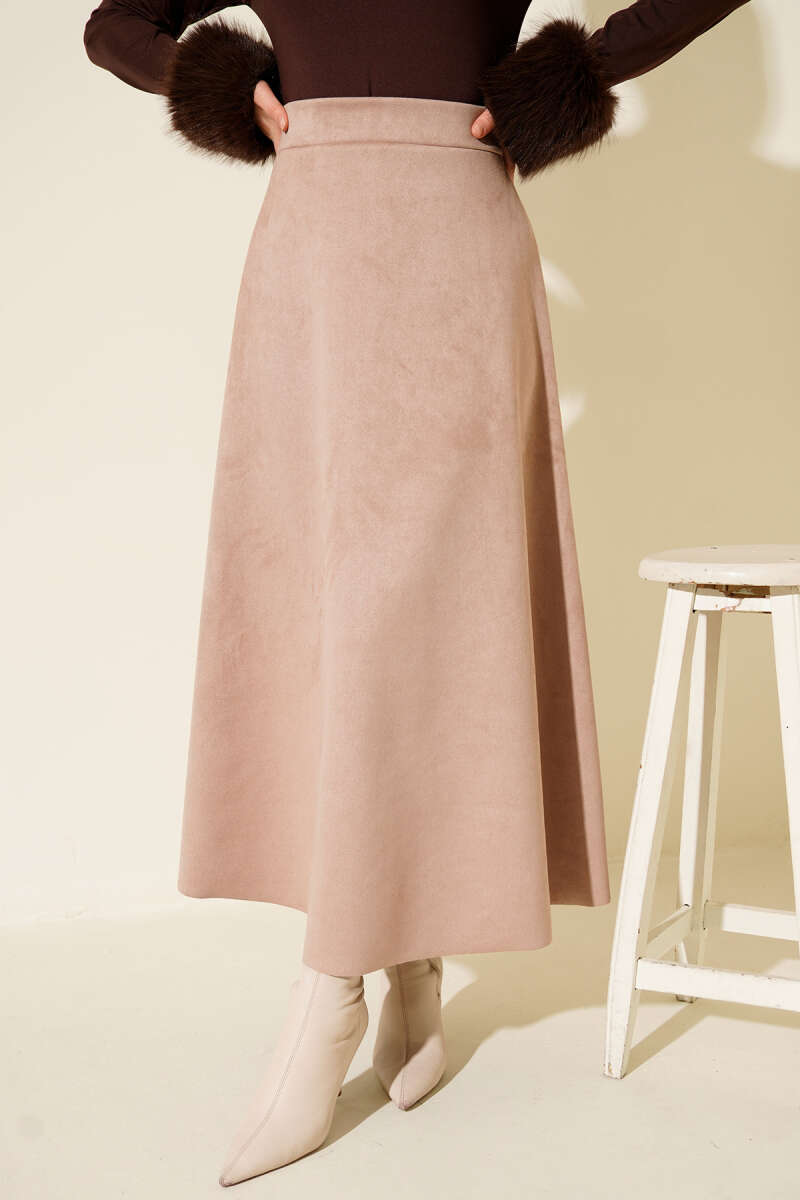 Belted Suede Flared Skirt Beige