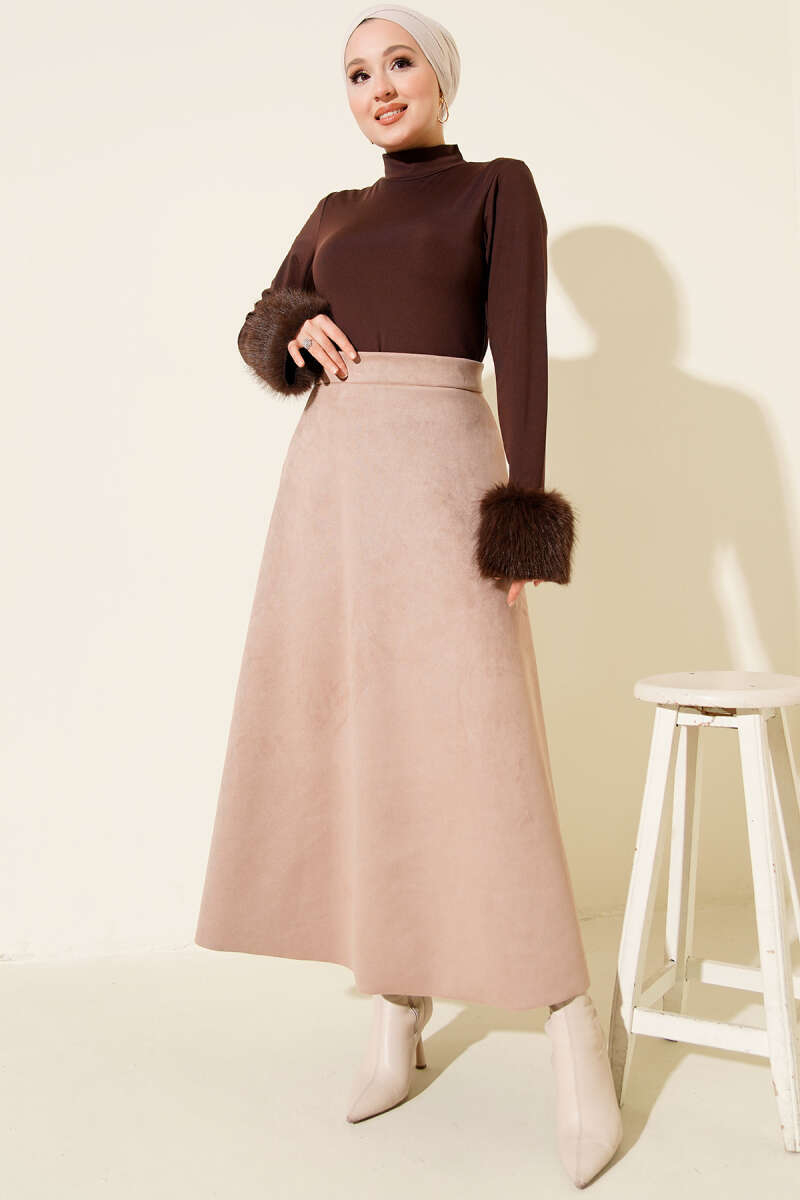 Belted Suede Flared Skirt Beige - الصورة 2