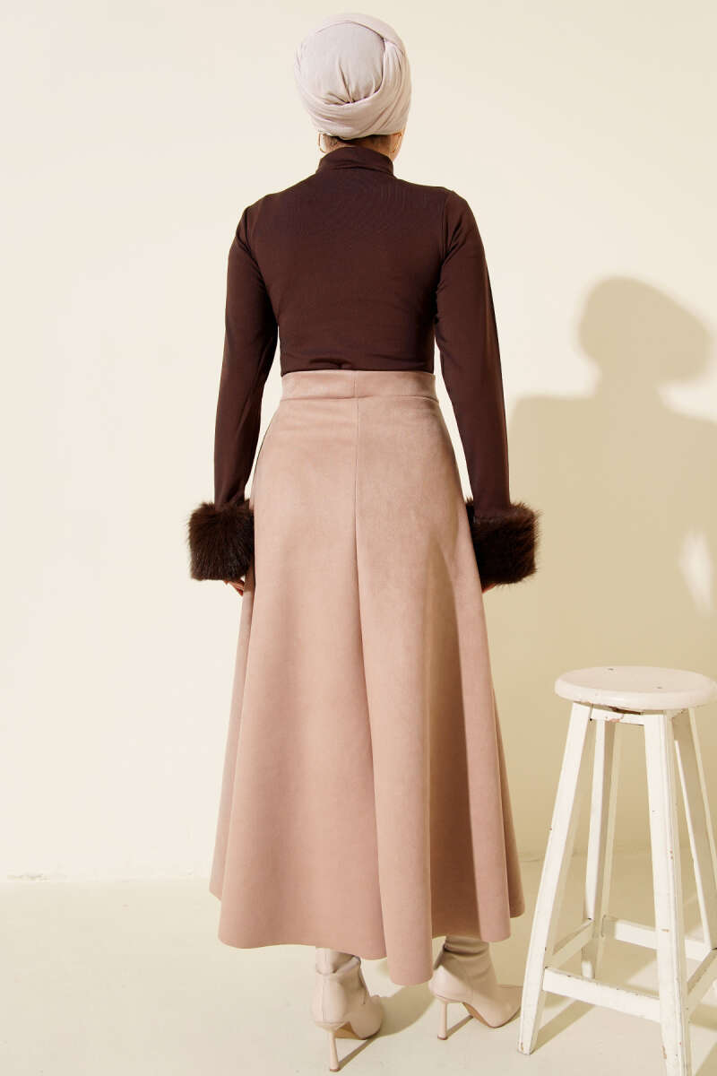 Belted Suede Flared Skirt Beige - الصورة 3