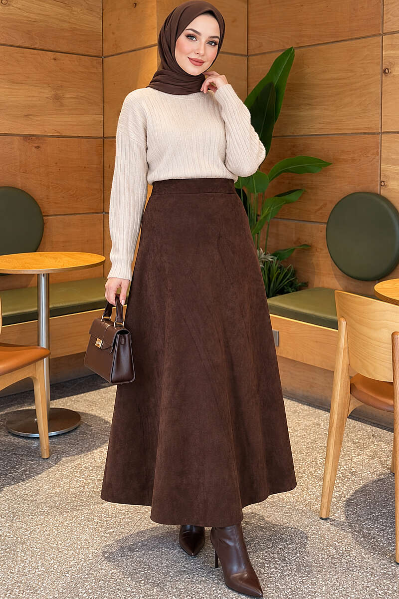 Belted Suede Flared Skirt Brown – Image 2