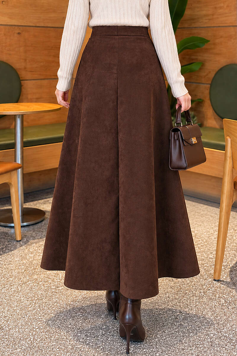 Belted Suede Flared Skirt Brown – Image 4