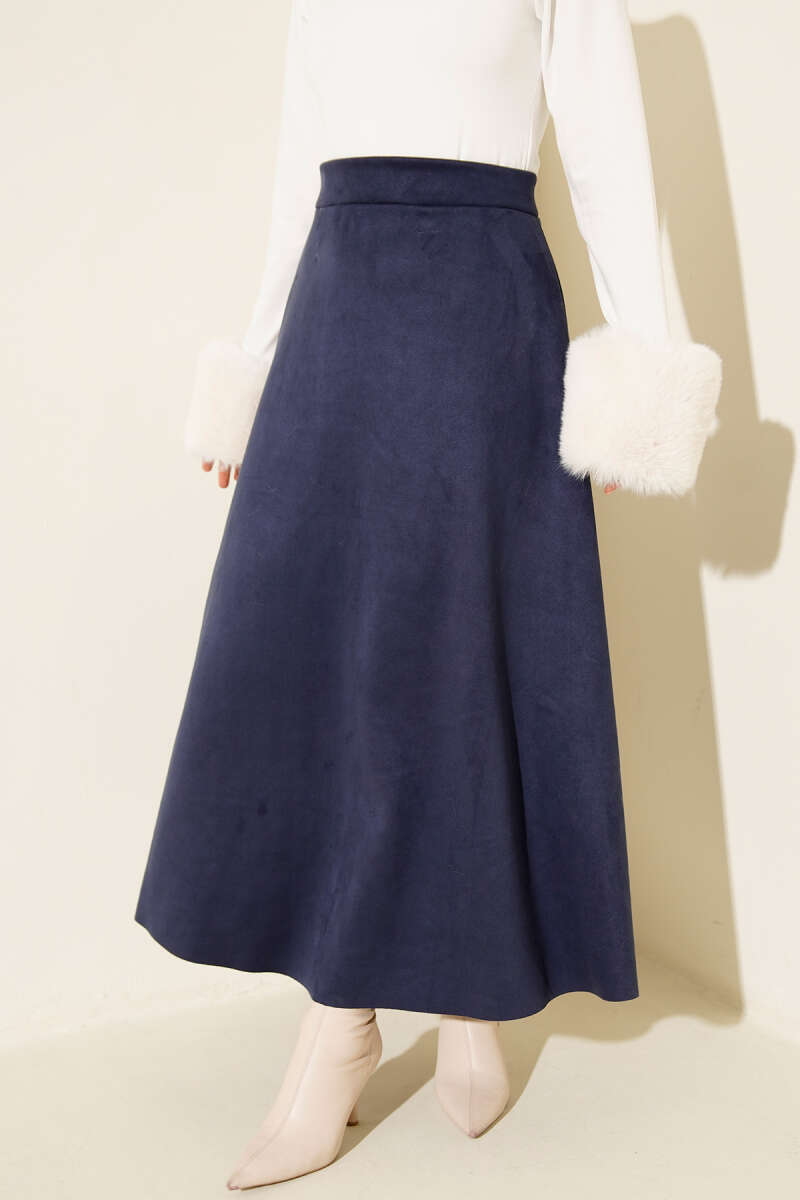 Belted Suede Flared Skirt Navy Blue
