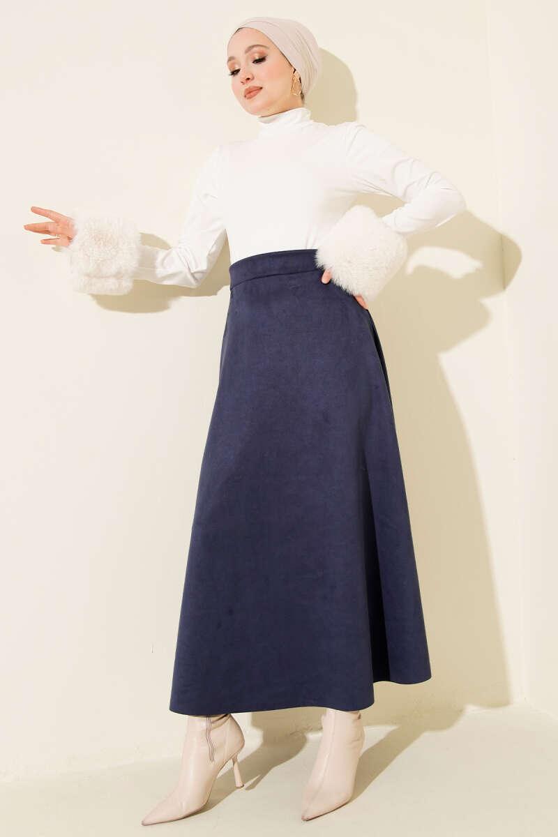 Belted Suede Flared Skirt Navy Blue - Image 2