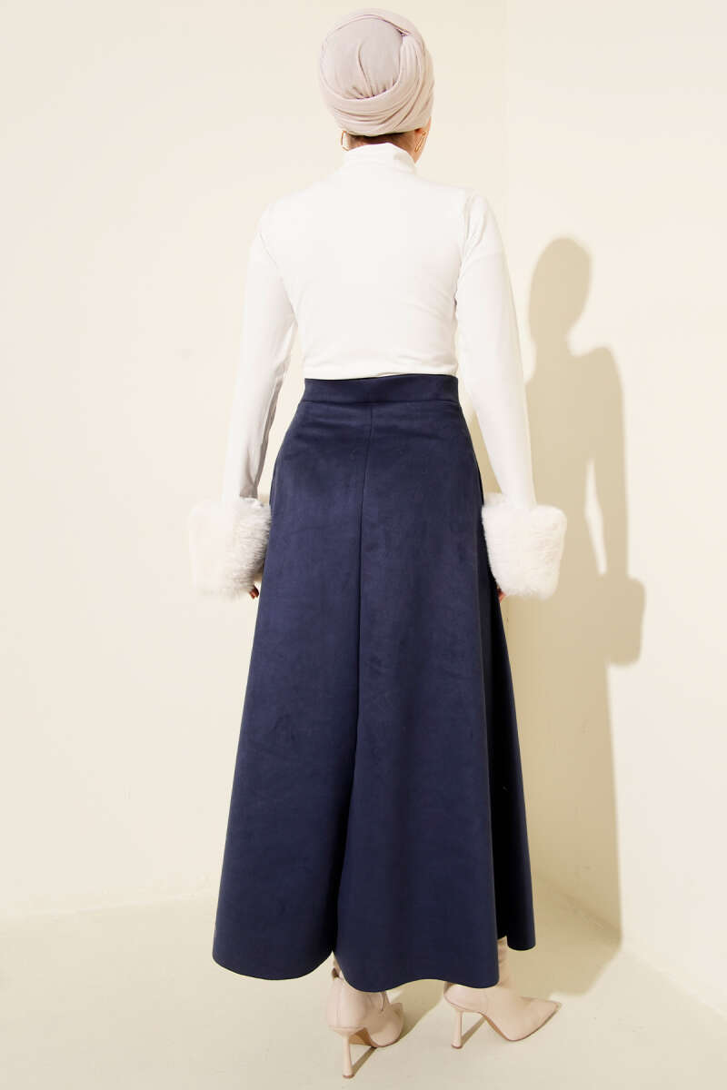 Belted Suede Flared Skirt Navy Blue - Image 3