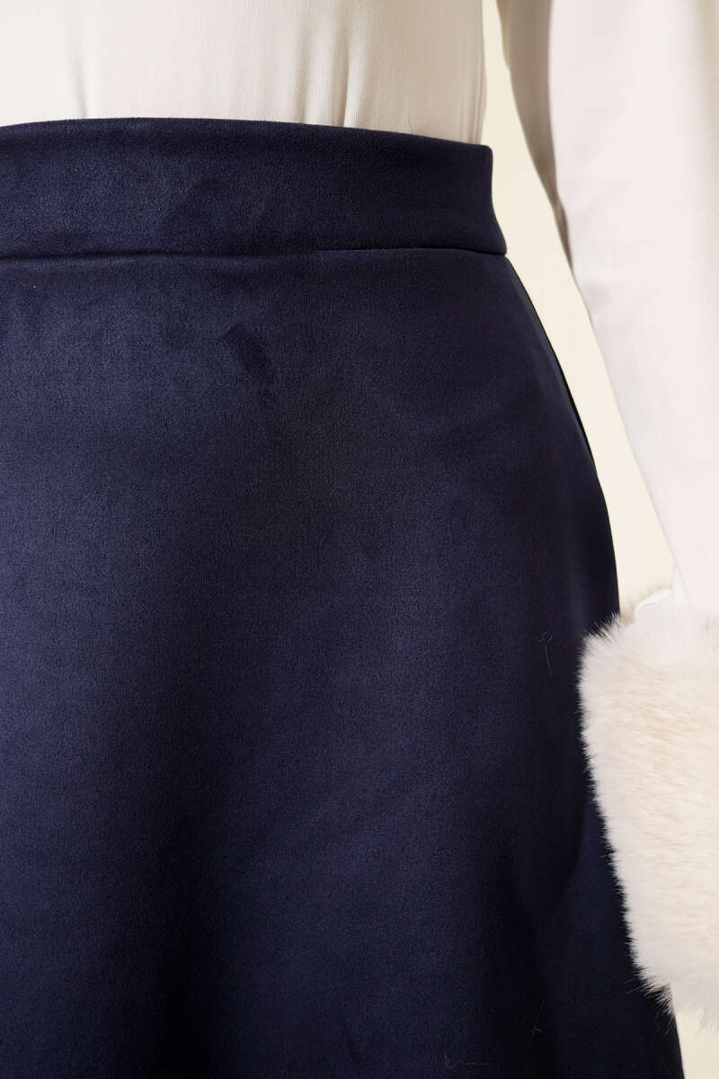 Belted Suede Flared Skirt Navy Blue - Image 4