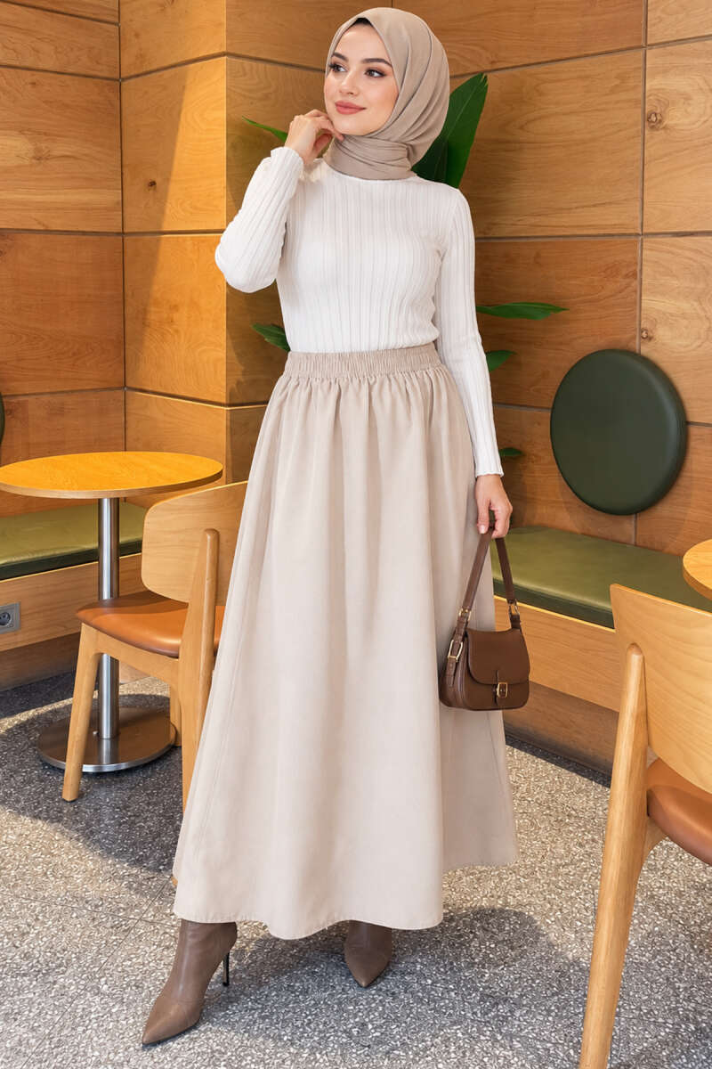 Elastic Waist Terikoton Skirt Beige – Image 2
