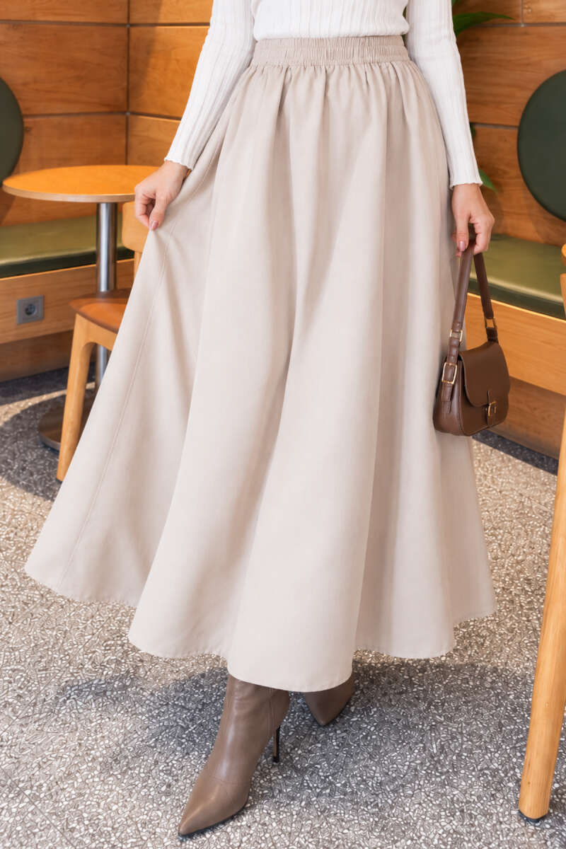 Elastic Waist Terikoton Skirt Beige – Image 3