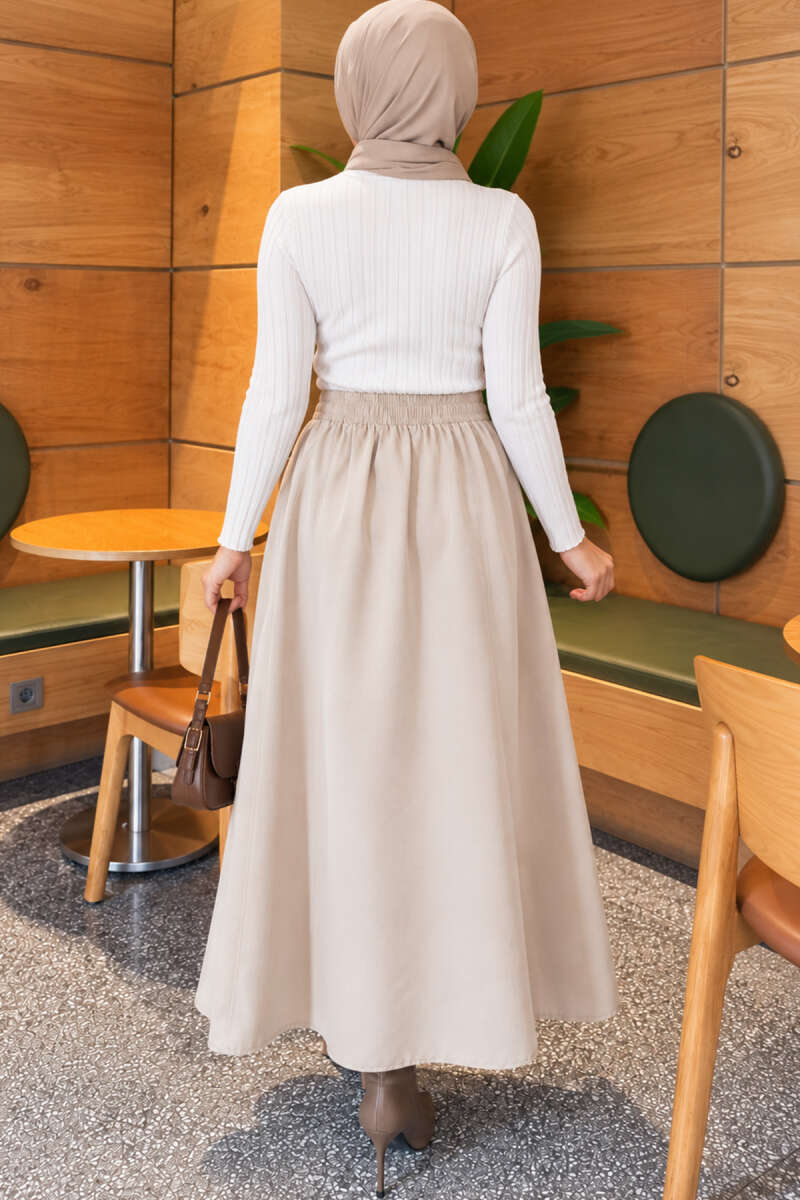 Elastic Waist Terikoton Skirt Beige – Image 4