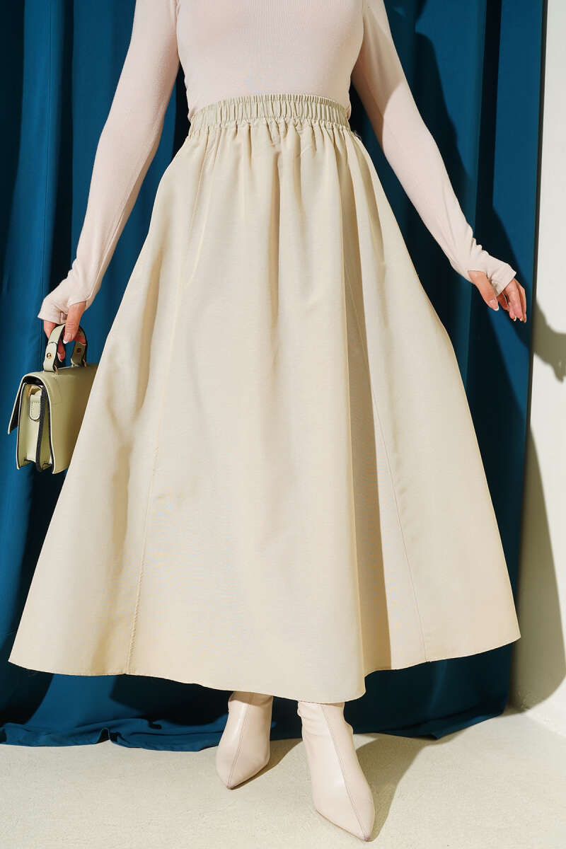 Elastic Waist Terikoton Skirt Beige – Image 5