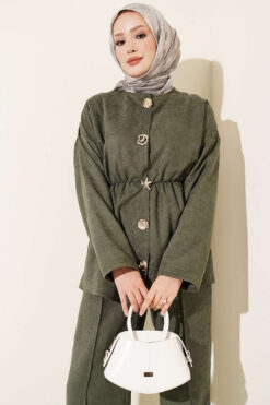 Alternative view of Elastic Waist Star Gold Button Two-Piece Set Khaki
