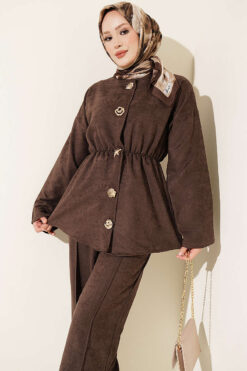 Alternative view of Elastic Waist Star Gold Button Two-Piece Set Brown